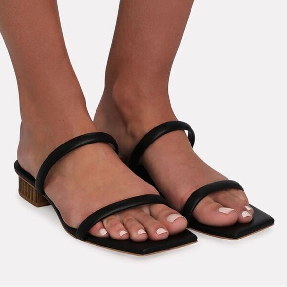 Cult Gaia Liz Black Leather Slide Sandals w Bamboo Inspired Block Heel Size 41 - Picture 3 of 12